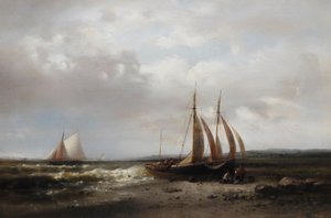 Coastal Scene with Fisherfolk Tending Their Boat on the Shore